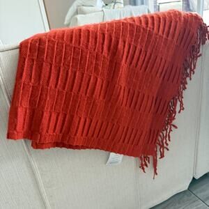 West Elm Blanket Throw in BRICK Soft Stretch Knit w/Fringe 40x50" 100% Acrylic